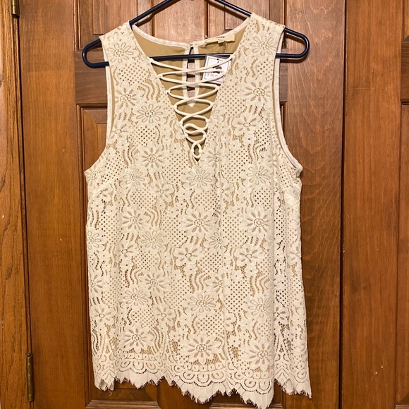 TWO gorgeous lace tanks with lattice v-neck- black and cream! - Picture 2 of 5